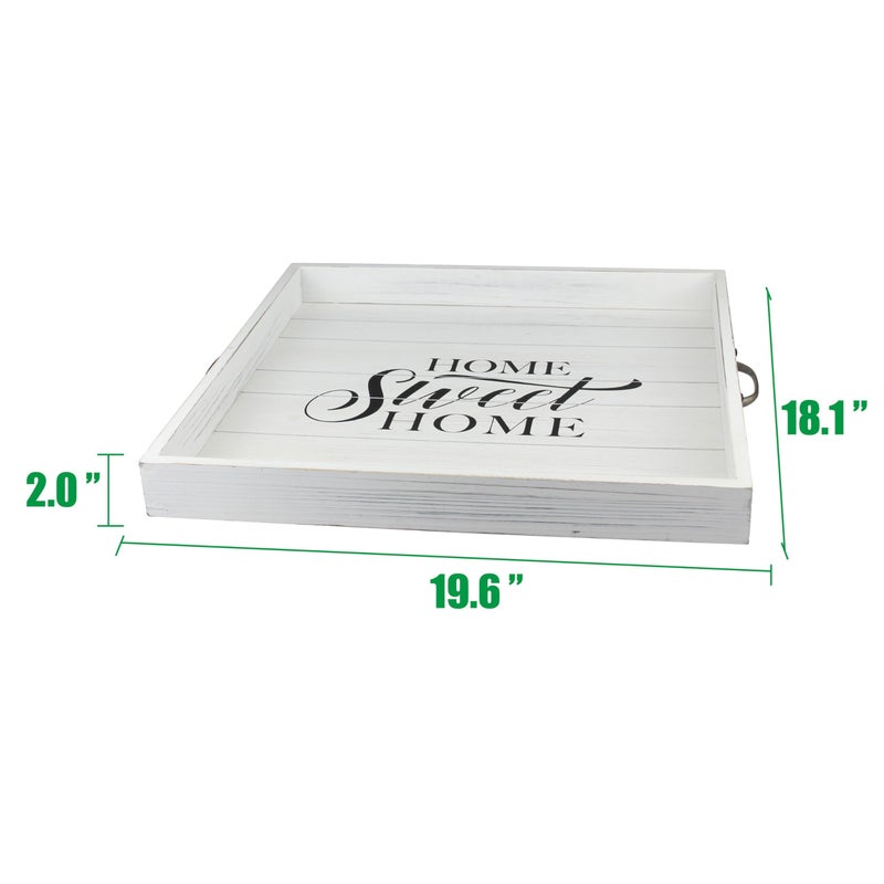 Stonebriar Square Worn White Home Sweet Home Decorative Wooden Tray with Metal Handles - Image 5
